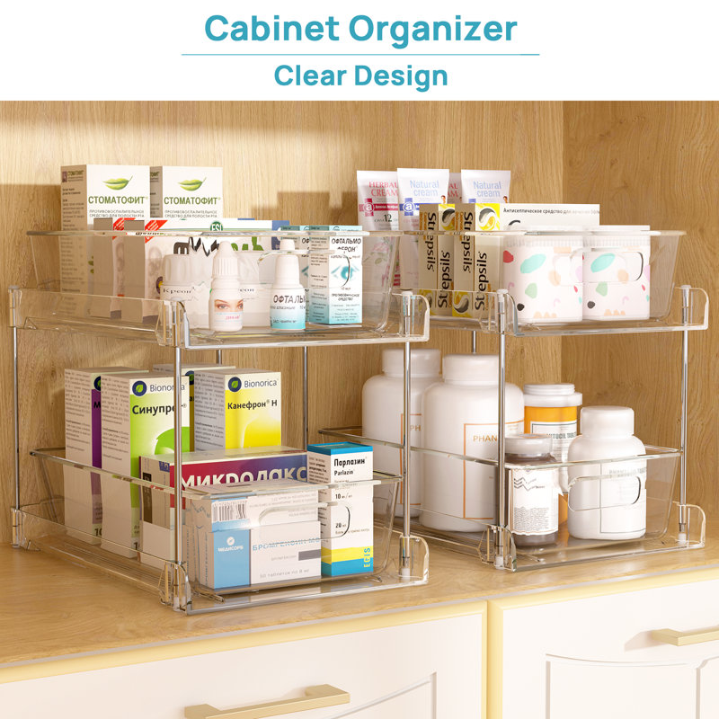 2 Tier Bathroom Storage Organizer 4 Pack Clear Under Sink Organizers Vanity Countertop Storage Container Medicine Cabinet Drawers Bins Pull out